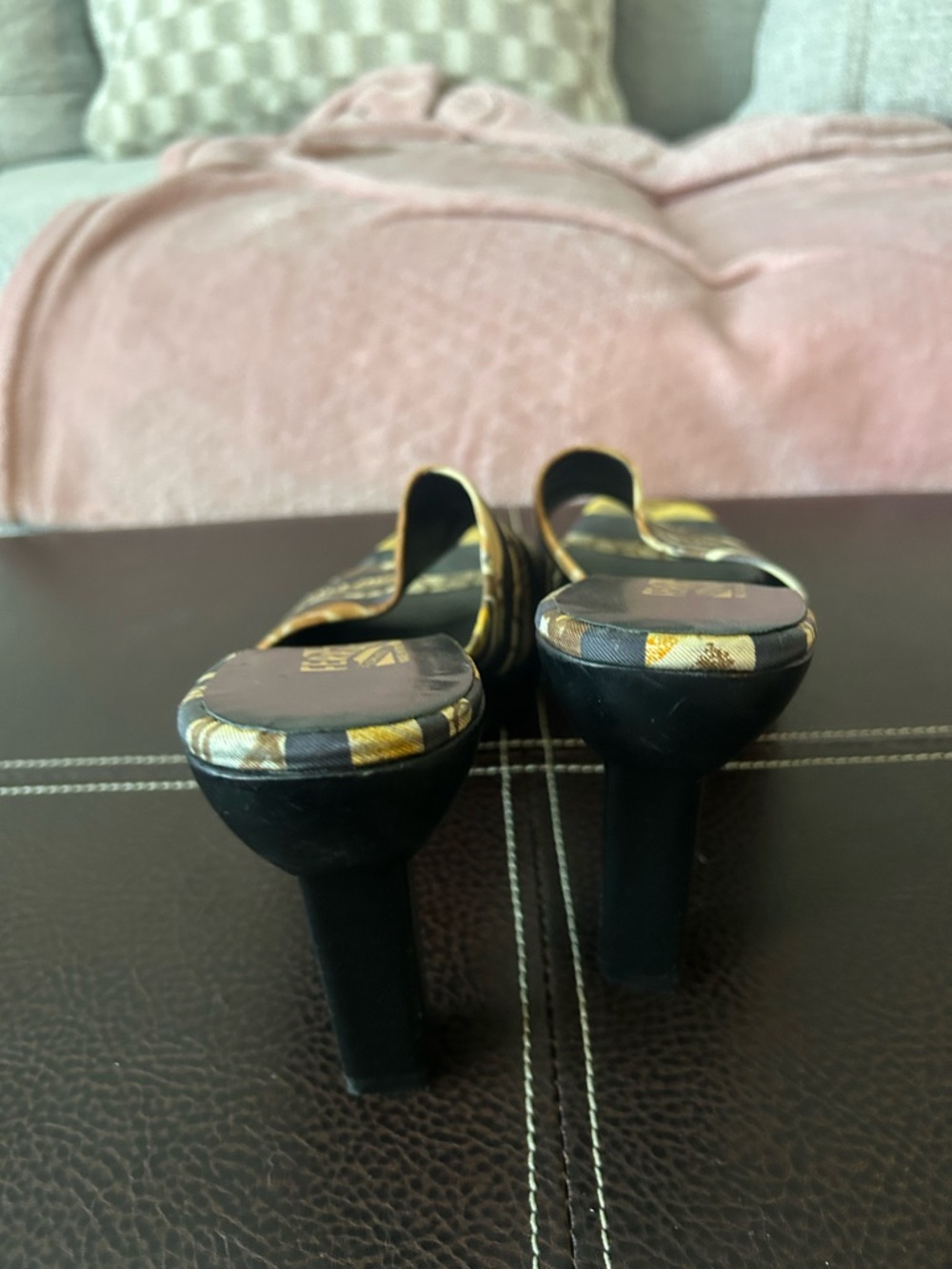 Salvatore Ferragamo Black and Gold Patterned Slide Mules - Picture 3 of 4